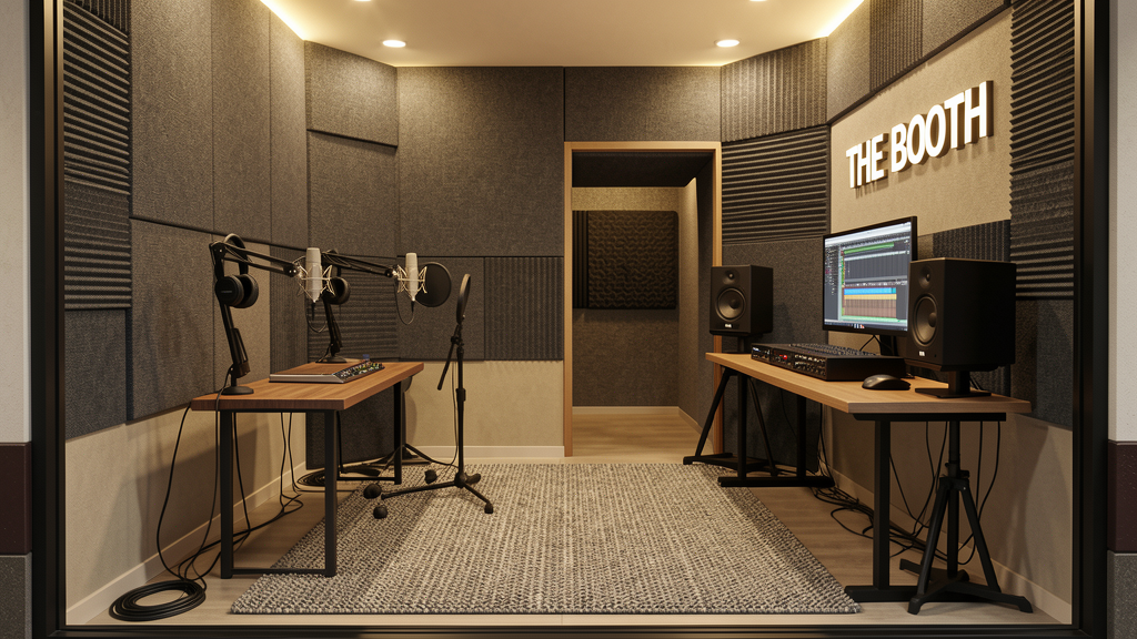 The Booth — recording studio with microphones, acoustic treatment, mixing desk