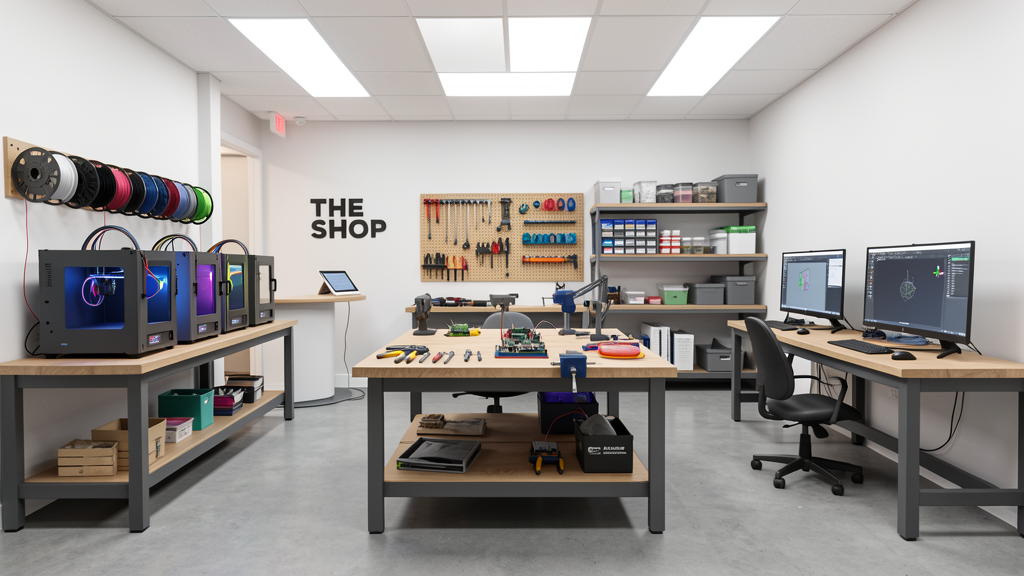 The Shop — makerspace with 3D printers, workbench, electronics station